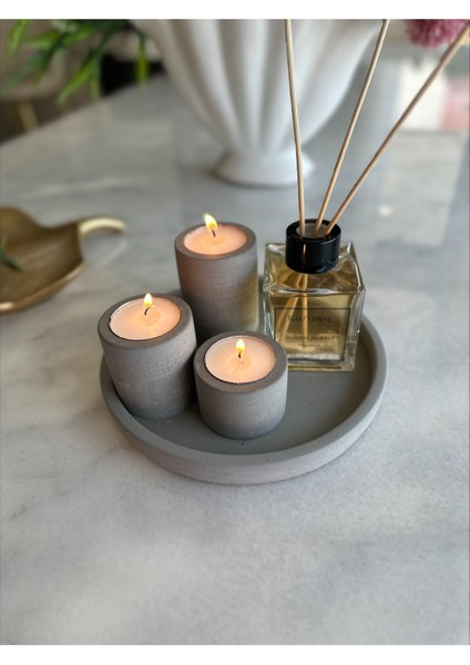 Beton Tepsili 3lü Mumluk ve Bambu Çubuklu Oda Kokusu Set (Tealight Mumlar Hediyemizdir.)