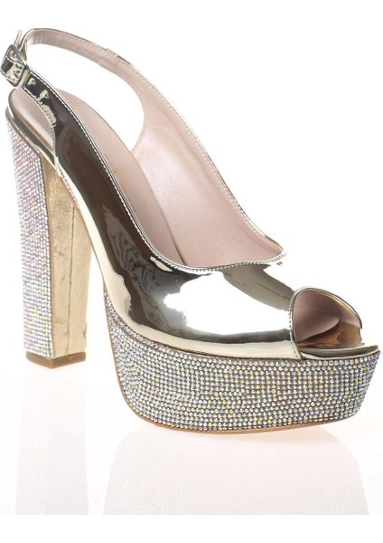 Kadın Moda Şık Gold Ayna Ökçe Poli Taş Topuklu Zarif Tasarım Düğün Nişan Gece Abiye Ayakkabısı fiyatları