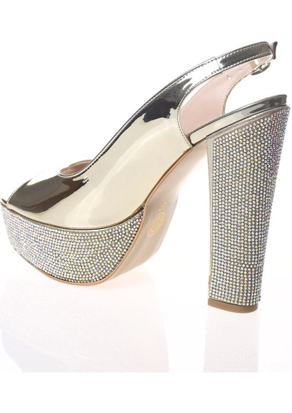 Kadın Moda Şık Gold Ayna Ökçe Poli Taş Topuklu Zarif Tasarım Düğün Nişan Gece Abiye Ayakkabısı modelleri