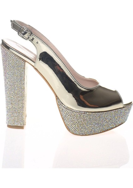 Kadın Moda Şık Gold Ayna Ökçe Poli Taş Topuklu Zarif Tasarım Düğün Nişan Gece Abiye Ayakkabısı fırsatları