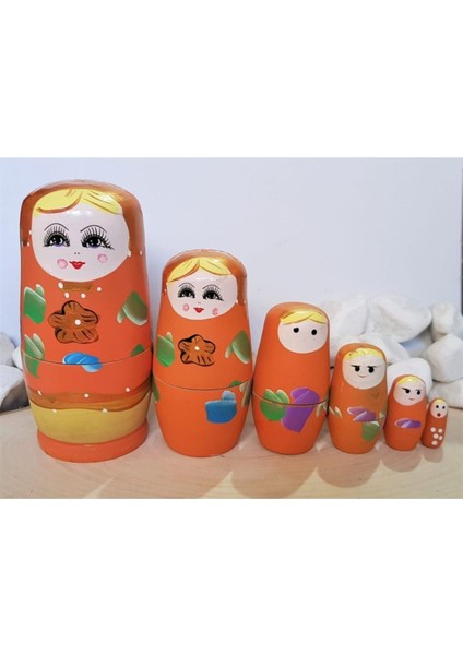 6lı Iç Içe Geçen Ahşap Turuncu Matruşka Bebek
