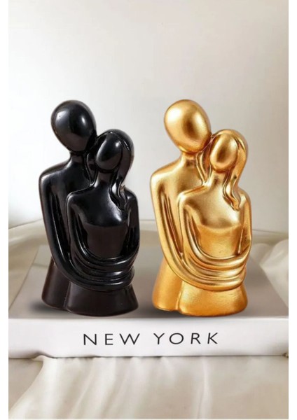 10.7 cm 2 Li Gold&siyah Renk Sonsuz Aşk Sarılan Sevgili Biblosu Hediyelik Heykel Biblo