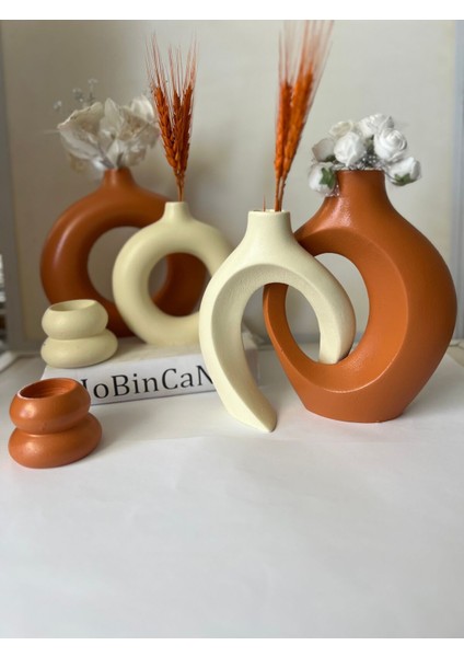 Kiremit Sevgili Vazo Set Dekoratif Halka Mumluklu Set