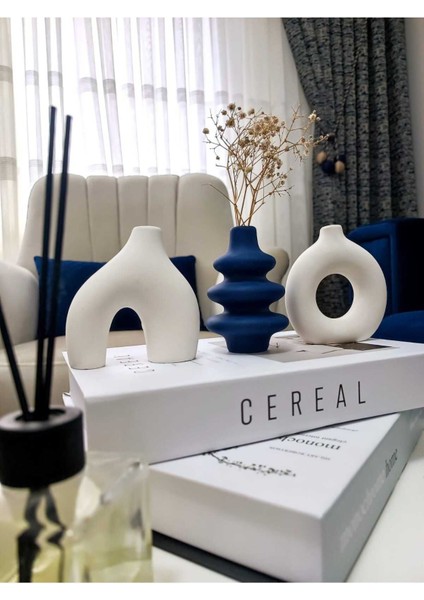 Minimal Biblo Set, 3'lü Dekoratif Bohem Minyatür Vazo (Lacivert-Beyaz)