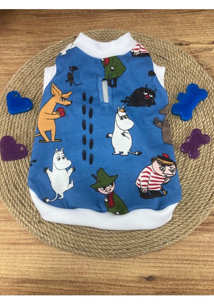 Desenli Penye Mavi Kedi Köpek T-Shirt