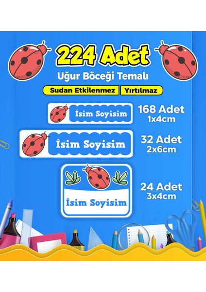Okul Kreş Etiketi Kalem Defter Özel Isim Yazılabilen Etiket Seti Model 129 - 224 Adet