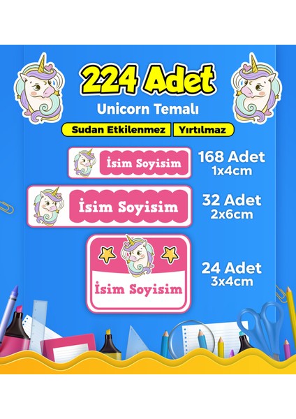 Okul Kreş Etiketi Kalem Defter Özel Isim Yazılabilen Etiket Seti Model 120 - 224 Adet