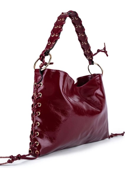 Iconic Bordo Kırışık Ip Detaylı Baget Kadın Omuz Çantası