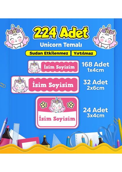 Okul Kreş Etiketi Kalem Defter Özel Isim Yazılabilen Etiket Seti Model 123 - 224 Adet