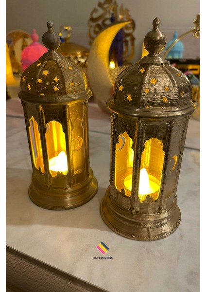 2li Set Ramazan Feneri - (Tealight LED Hediyeli ) Fanos Ev Ofis Süsü Hoşgeldin Işık Modern Dekorati
