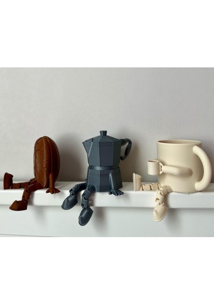 Kahve Köşesi Sevimli Biblo Seti 3lü, Kahve Çekirdeği, Bej Kahve Kupası, Moka Pot, Coffee Set 8 cm