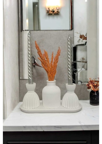 Iskandinav Çizgili Vazo & Ikili Şamdan & Oval Standlı 4'lü Banyo & Hediyelik Dekor Set Ürünleri fiyatları