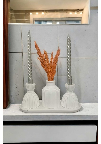 Iskandinav Çizgili Vazo & Ikili Şamdan & Oval Standlı 4'lü Banyo & Hediyelik Dekor Set Ürünleri modelleri