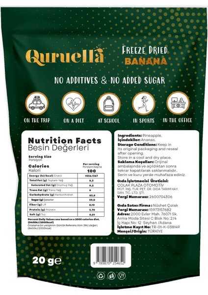 Muz Kuru Meyve Cipsi - Dondurularak Kurutulmuş Freeze Dried Çıtır Muz 20GR.