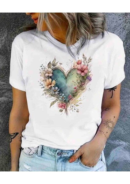 Çiçek Kalp Baskılı Özel Tasarım Oversize Tshirt