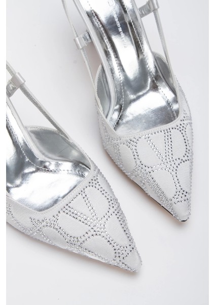 Kadın Tarz Topuklu Taş Işlemeli Saten Abiye Ayakkabı Gümüş indirimleri