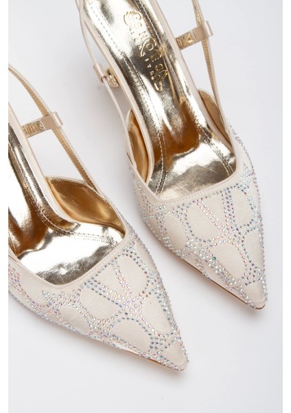 Kadın Tarz Topuklu Taş Işlemeli Saten Abiye Ayakkabı Altın indirimleri