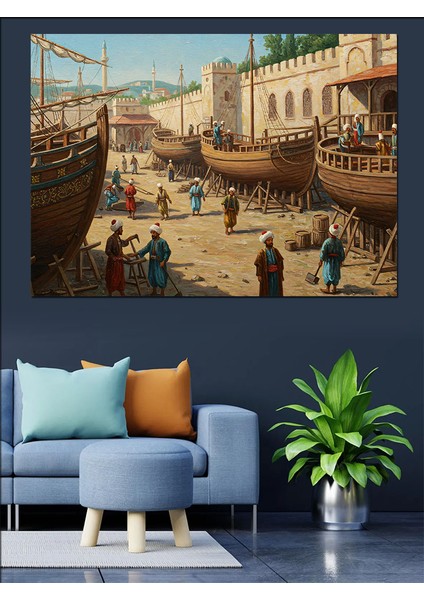Osmanlıda Tersanede Yoğun Çalışma Dekoratif Kanvas - Mdf Ahşap Tablo fiyatları