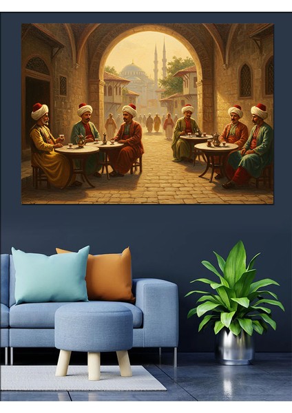 Osmanlı Avluda Sohbet Edenler Dekoratif Kanvas - Mdf Ahşap Tablo