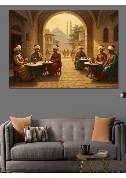 Osmanlı Avluda Sohbet Edenler Dekoratif Kanvas - Mdf Ahşap Tablo fiyatları