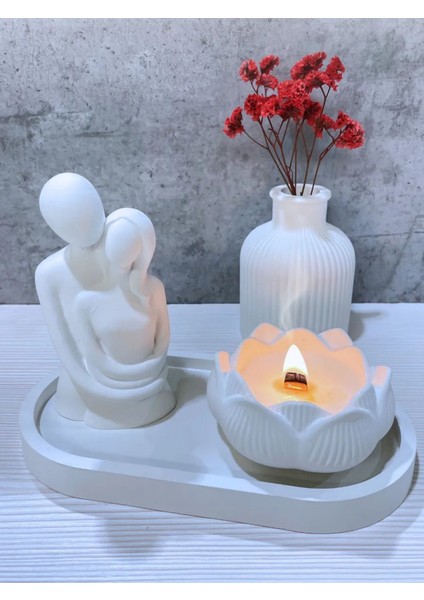 Beyaz Renk Sarılan Sevgili Biblo Kokulu Lotus Mumluk Minimal Kuru Çiçek Vazosu Seti