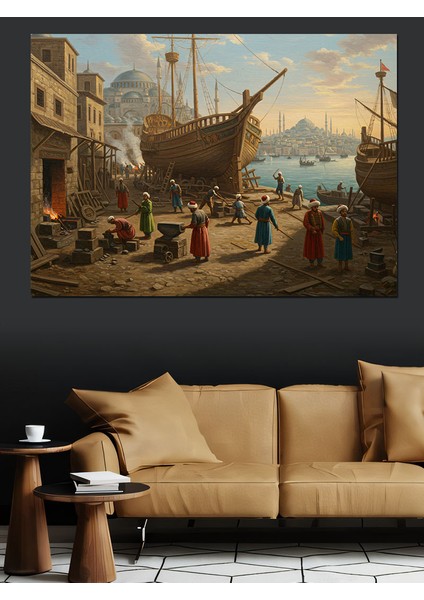 Osmanlı Tersanede Gemi Hazırlıkları Dekoratif Kanvas - Mdf Ahşap Tablo