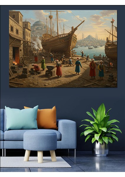 Osmanlı Tersanede Gemi Hazırlıkları Dekoratif Kanvas - Mdf Ahşap Tablo fiyatları