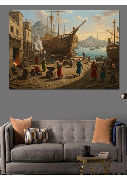 Osmanlı Tersanede Gemi Hazırlıkları Dekoratif Kanvas - Mdf Ahşap Tablo modelleri