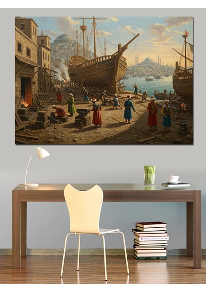 Osmanlı Tersanede Gemi Hazırlıkları Dekoratif Kanvas - Mdf Ahşap Tablo fırsatları