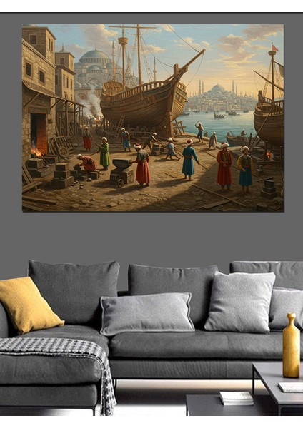 Osmanlı Tersanede Gemi Hazırlıkları Dekoratif Kanvas - Mdf Ahşap Tablo indirimleri