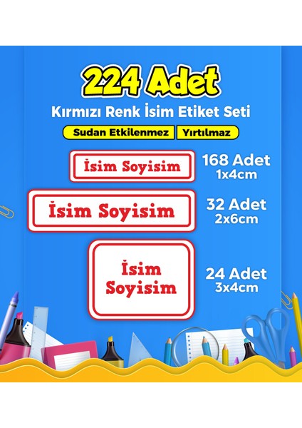 Okul Kreş Etiketi Kalem Defter Özel Isim Yazılabilen Etiket Seti Model 162 - 224 Adet