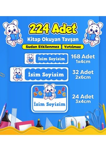 Okul Kreş Etiketi Kalem Defter Özel Isim Yazılabilen Etiket Seti Model 168 - 224 Adet