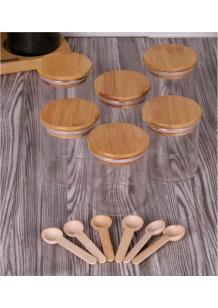 6’lı Kaşıklı Bambu Kapaklı Borosilikat Cam 250 ml Baharatlık Seti Baharatlık Takımı