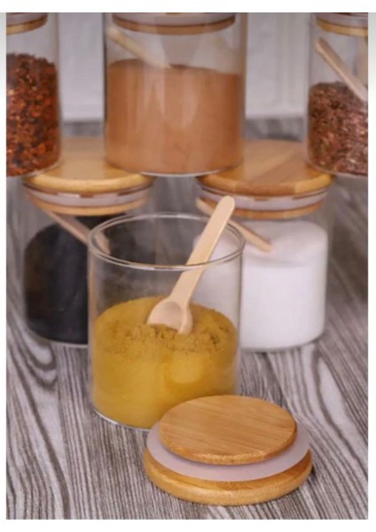 6’lı Kaşıklı Bambu Kapaklı Borosilikat Cam 250 ml Baharatlık Seti Baharatlık Takımı