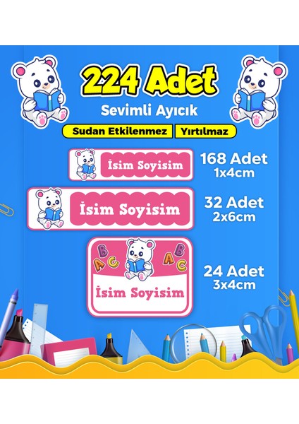 Okul Kreş Etiketi Kalem Defter Özel Isim Yazılabilen Etiket Seti Model 182 - 224 Adet
