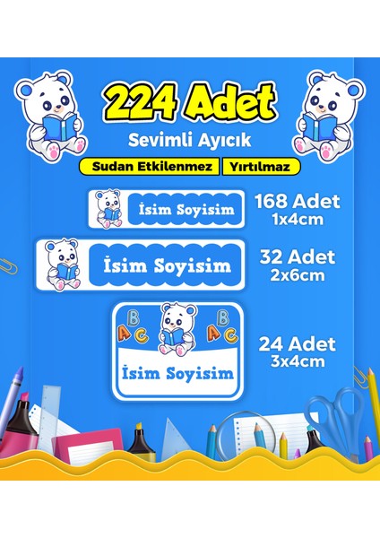 Okul Kreş Etiketi Kalem Defter Özel Isim Yazılabilen Etiket Seti Model 183 - 224 Adet