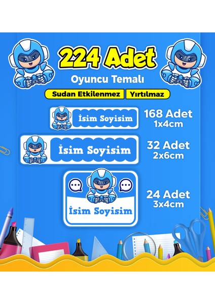Okul Kreş Etiketi Kalem Defter Özel Isim Yazılabilen Etiket Seti Model 207 - 224 Adet