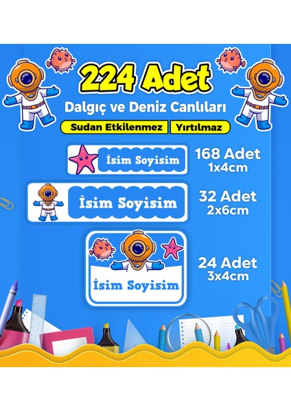 Okul Kreş Etiketi Kalem Defter Özel Isim Yazılabilen Etiket Seti Model 205 - 224 Adet