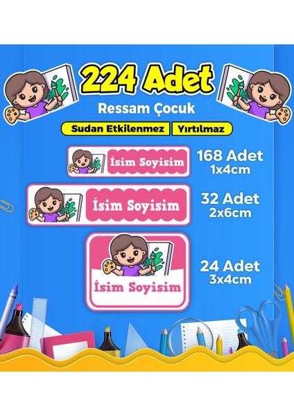 Okul Kreş Etiketi Kalem Defter Özel Isim Yazılabilen Etiket Seti Model 202 - 224 Adet