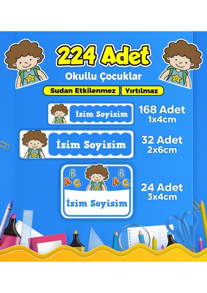 Okul Kreş Etiketi Kalem Defter Özel Isim Yazılabilen Etiket Seti Model 226 - 224 Adet