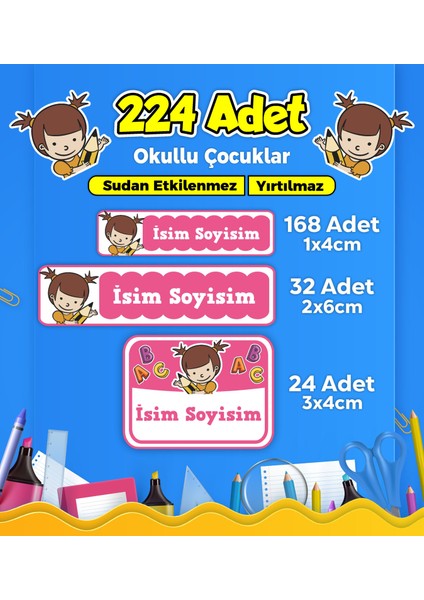 Okul Kreş Etiketi Kalem Defter Özel Isim Yazılabilen Etiket Seti Model 223 - 224 Adet