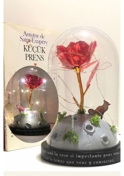 Küçük Prens Diorama El Yapımı LED Aydınlatmalı Hediye Fanus Sonsuzluk Gülü Tilkisi ve Gezegeni