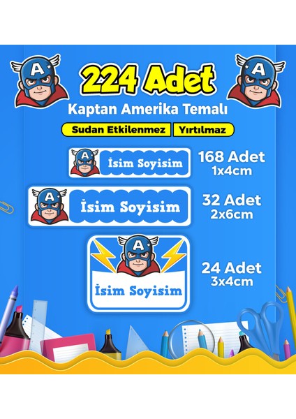 Okul Kreş Etiketi Kalem Defter Özel Isim Yazılabilen Etiket Seti Model 239 - 224 Adet