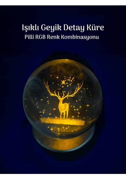 Geyik Figürlü Renk Değiştiren 3D Işıklı Cam Küre Rgb Kombinasyon Pilli Kolay Kullanım