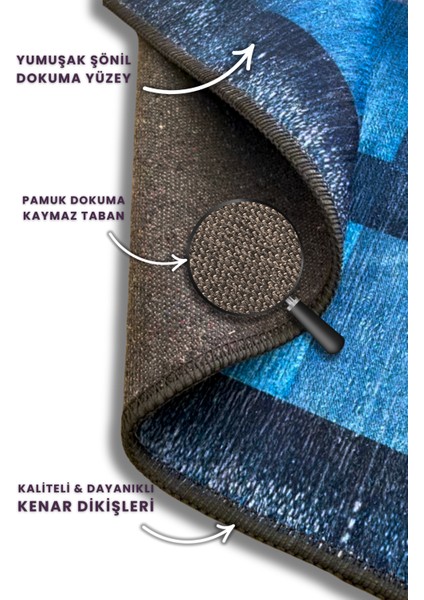 Patchwork Denim Görünümlü Dijital Baskı Kaymaz Tabanlı Oturma Odası ve Genç Odası Halısı