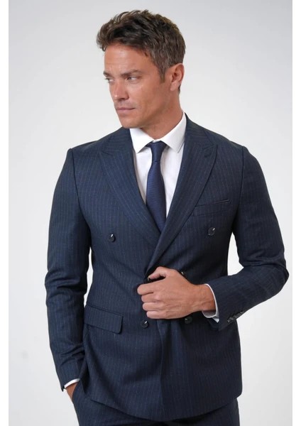 Slim Kalıp Çizgili Lacivert Kruvaze Takım Elbise fiyatları