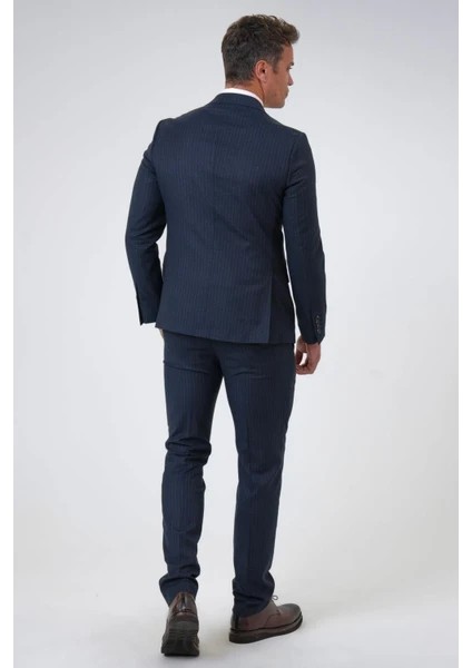 Slim Kalıp Çizgili Lacivert Kruvaze Takım Elbise modelleri