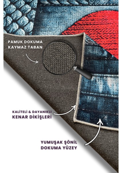 Kalpli Jean Görünümlü Kaymaz Tabanlı Yıkanabilir Dijital Baskı Halı Genç Odası Halısı