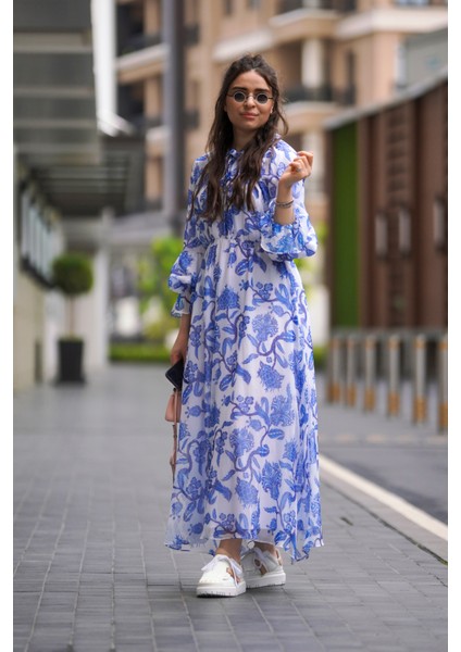 Floral Desenli Mavi Elbise