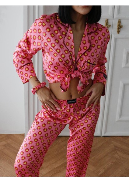 Marghercoccolarsı Borgogna Su Sfondo Saten Uzun Pijama Takımı